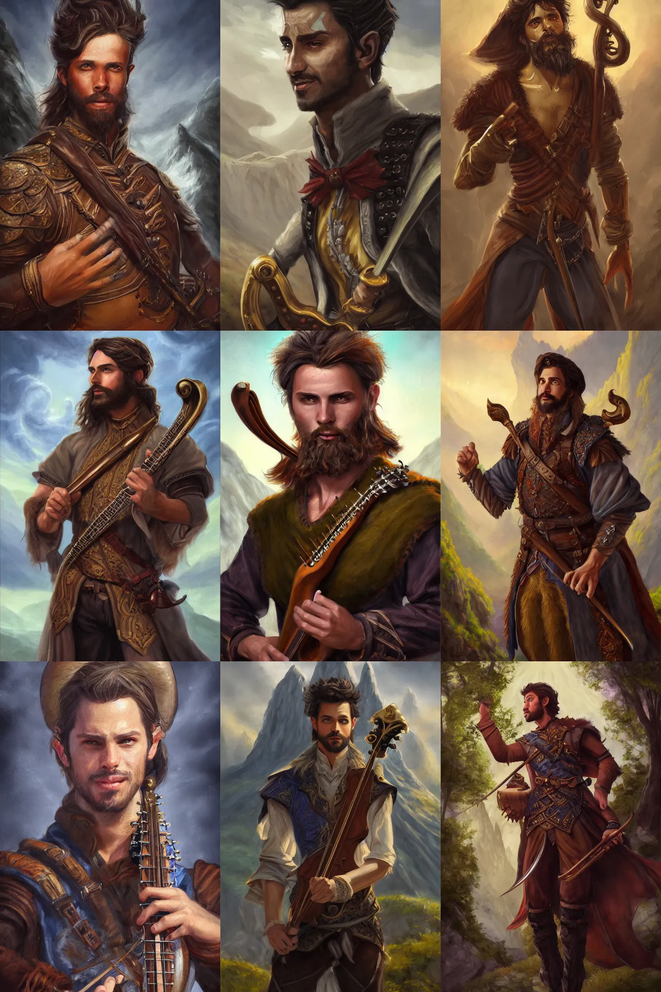 Image similar to a full body high detail fantasy portrait oil painting illustration of a single handsome male bard by justin sweet with face and body clearly visible, in a scenic background, intense eyes, realistic proportions, d & d, rpg, forgotten realms, artstation trending, high quality, sombre mood, artstation trending, muted colours, entire person visible!