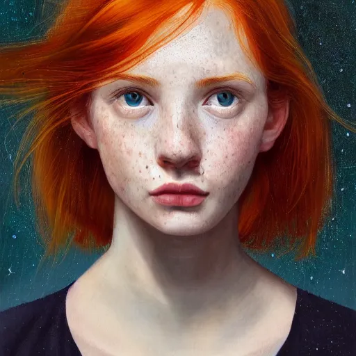 Image similar to portrait of a red haired girl, long hair, green eyes, hint of freckles, beautiful round face, soft amazed smiles, among golden fireflies, highly detailed, deep focus, elegant, digital painting, smooth, sharp focus, golden ratio, illustration, ultra realistic, 8 k, art by artemisia lomi gentileschi