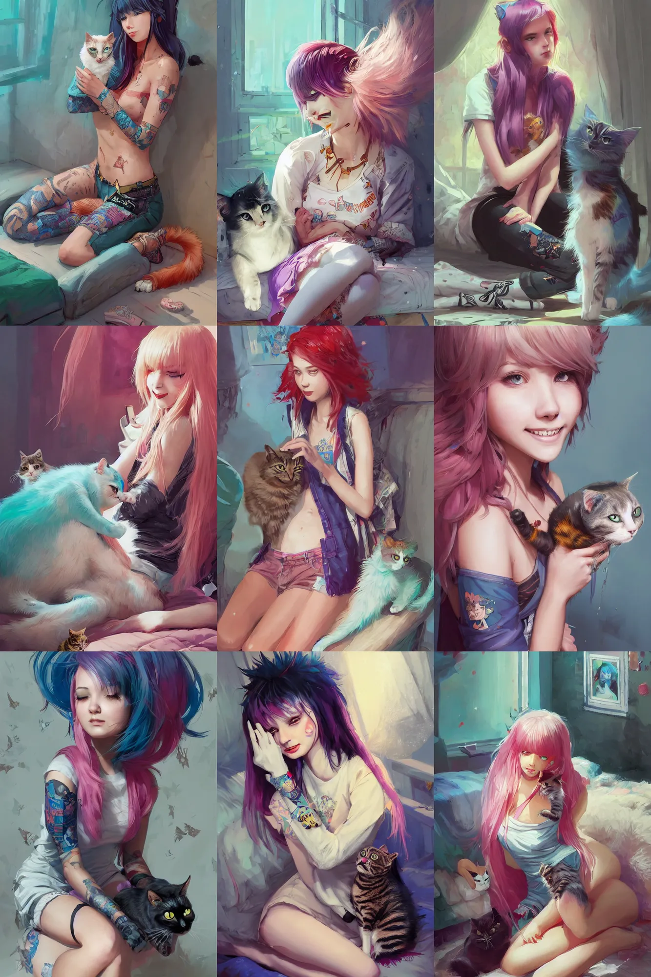 Prompt: a beautiful punk girl sitting in her bedroom petting a cat | | cute - fine - subtle smile, colorful hair, face, pretty face, fine details by stanley artgerm lau, wlop, rossdraws, james jean, andrei riabovitchev, marc simonetti, and sakimichan, trending on artstation