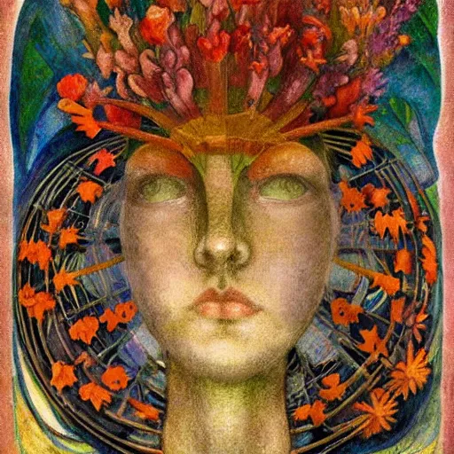 Prompt: closeup of a facemask made of flowers, by annie swynnerton and jean delville and edward hopper and evelyn de morgan and rufino tamayo, dark flower shaman, art brut, outsider art, symbolist, dramatic lighting, god rays, elaborate geometric ornament, clean crisp graphics, smooth sharp focus, extremely detailed, adolf wolfli