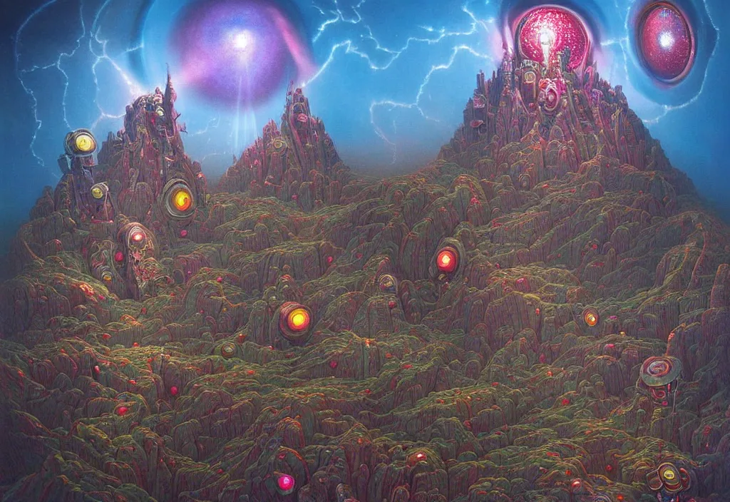 Image similar to beautiful ultradetailed painting of candyland with a cybernetic symbiosis general dynamics gatling gun melded with a professional video camera with glitter lenses made by beksinski, pinterest, google, etsy, artstation, beautiful ultradetailed painting, focal plane near, focal plane far, unreal engine