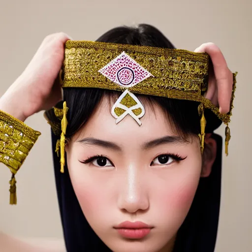 Prompt: close up, portrait of 18 years old female japanese jew model wearing javanese costume with star of david Jew symbols, photography, realistic, Zeiss camera