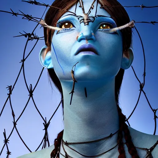 Image similar to a blue - skinned female navi from avatar wrapped in barbed wire suspended in the air, cosplay, body paint, high resolution film still, hdr color, movie by james cameron