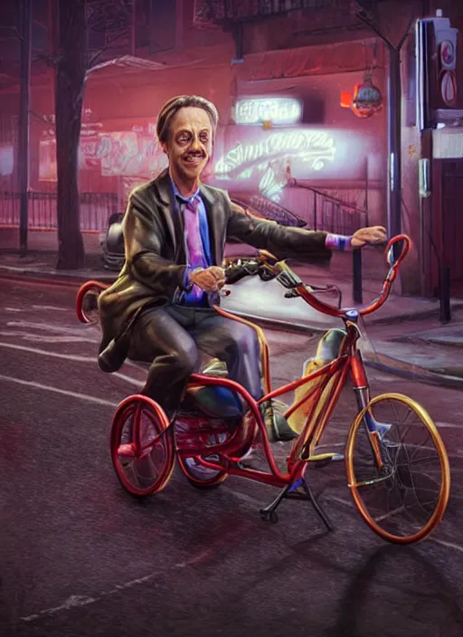 Image similar to hyperrealism steve buscemi riding a tricycle, light effect, hyper detailed, claymation, cartoon, detailed, realistic materials, sharp focus, synthwave, neon, modern