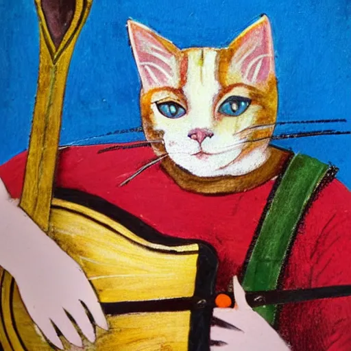 Prompt: cat with lute, flowers in the background, medieval portrait, colorful, medium shot