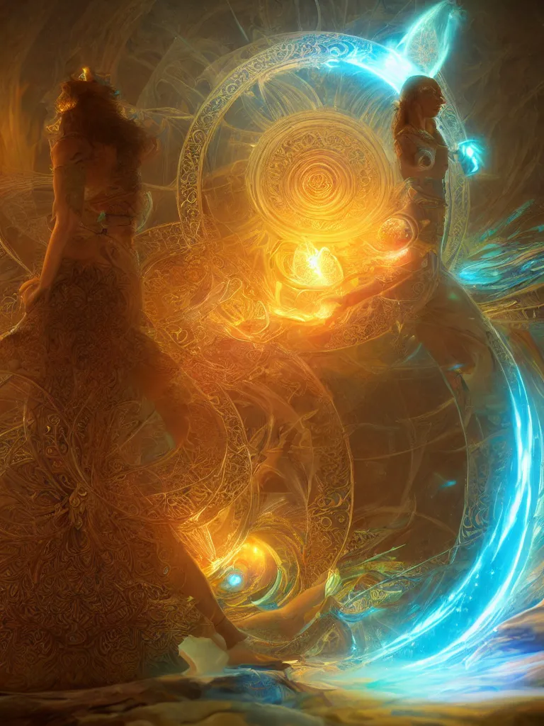 Image similar to a detailed depiction of the chakra energy fields spiraling fractal sacred geometry surrounding a beautiful goddesses, by justin gerard and craig mullins, 3 d, cinema 4 d render, trending on artstation, 8 k