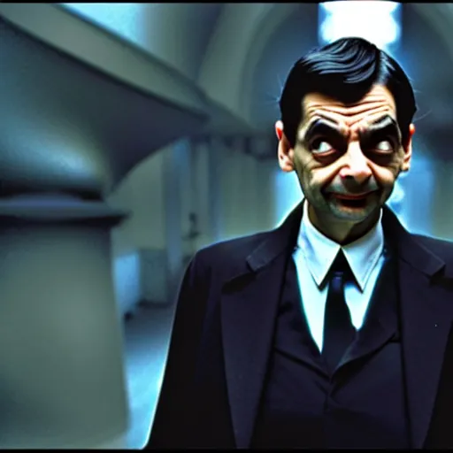 Image similar to mr. bean as morpheus from the matrix. movie still. slow motion. cinematic lighting.