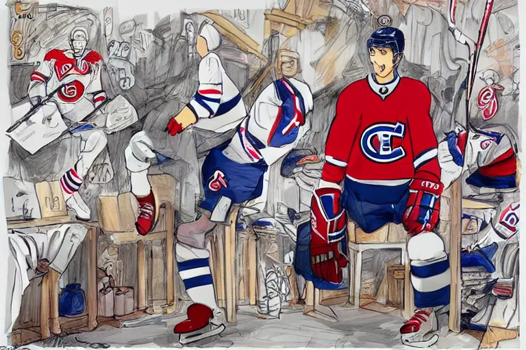 Prompt: habs hockey dressing room, style of studio ghibli + moebius + basquiat, cute,