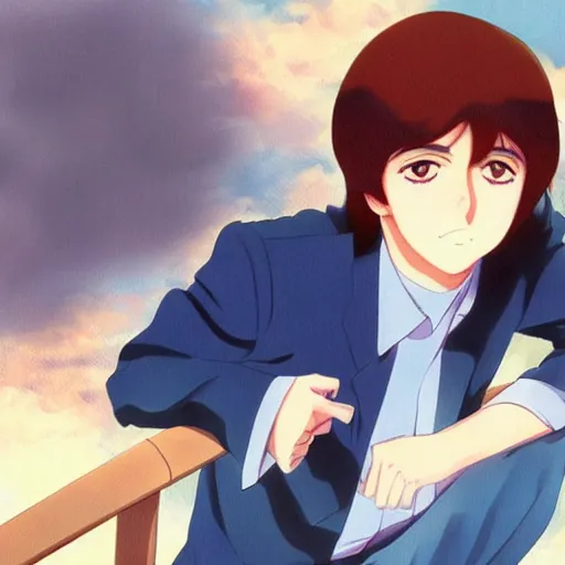 Prompt: anime illustration of young Paul McCartney from the Beatles, wearing a blue check shirt, long sideburns, on a yacht at sea, smiling at camera, ufotable