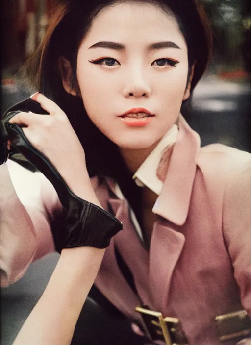 Prompt: ektachrome, 5 0 mm portrait lens, highly detailed : incredibly realistic, youthful asian confident, feminine cut, exquisite features, close up portrait photo 1 9 7 0 s frontiers in flight leather suit cosplay, street photography fashion shoot, evening, nick knight,