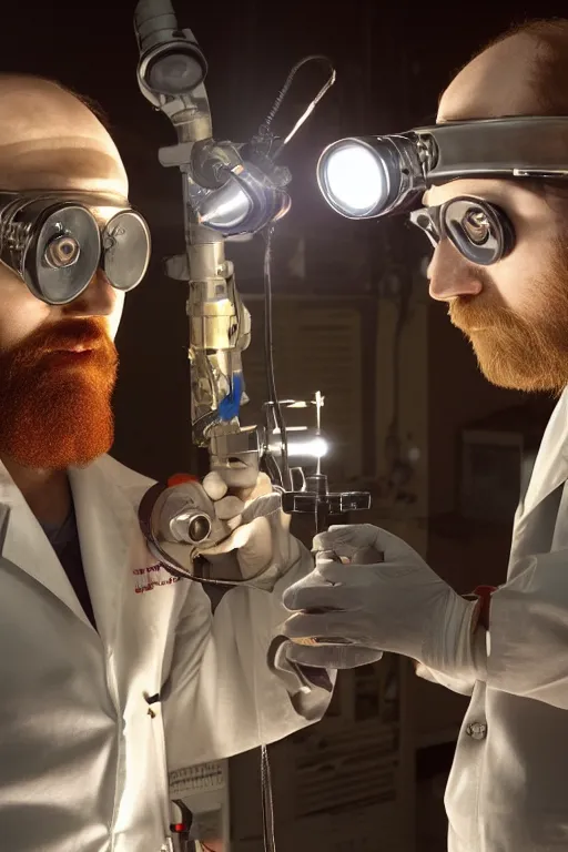 Image similar to a person with 3 eyes, person with a 3rd eye in the middle of their forehead, an awkwardly tall scientist with 3 eyes and a tangled beard and unruly red hair atop his balding head wearing a headlamp a labcoat and welding goggles and holding a beaker, led headlamp, high resolution film still, movie by Ivan Reitman