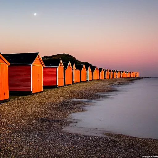 Prompt: there was a lovely orange super moon over the beach huts and the isle of wight, photo take by a professional landscape photographer