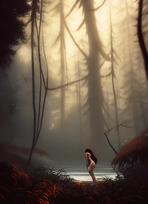 Image similar to a beautiful brown - haired young woman with a bikini in horror forest, intricate, elegant, highly detailed, digital painting, artstation, concept art, smooth, sharp focus, illustration, ethereal, misty, by ilya kuvshinov and jeremy mann, 8 k, octane render