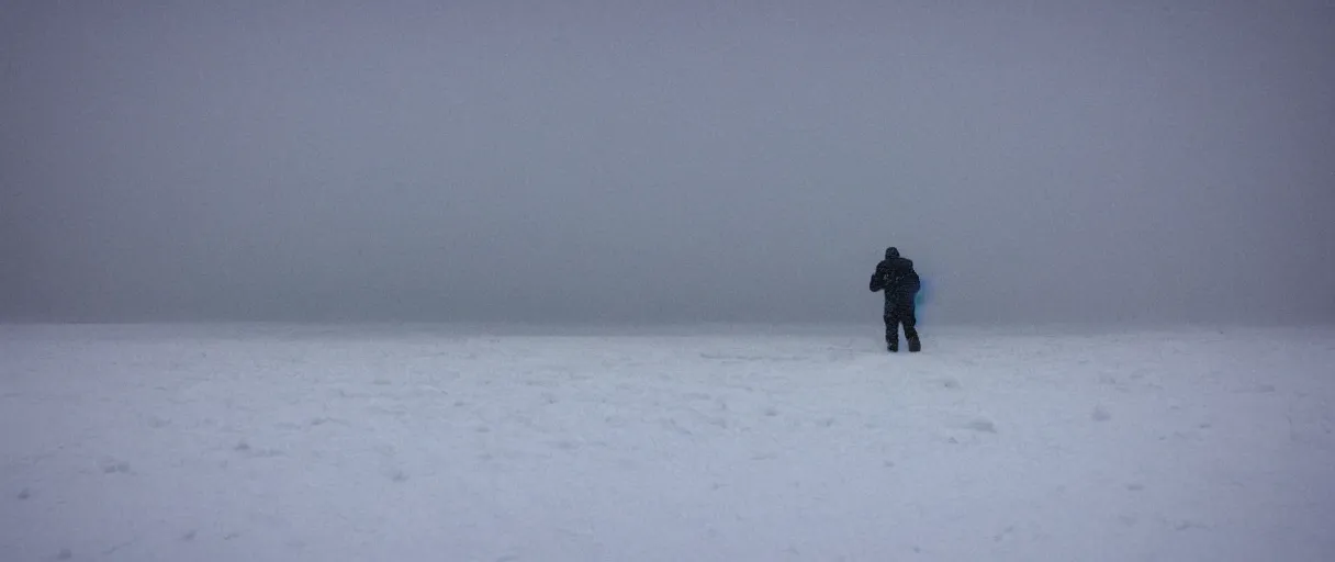 Image similar to a high quality color extreme closeup depth of field creepy hd 4 k film 3 5 mm photograph of very heavy snow storm blizzard in desolate antarctica, the faint barely visible silhouette of a bulky man is inside the blizzard