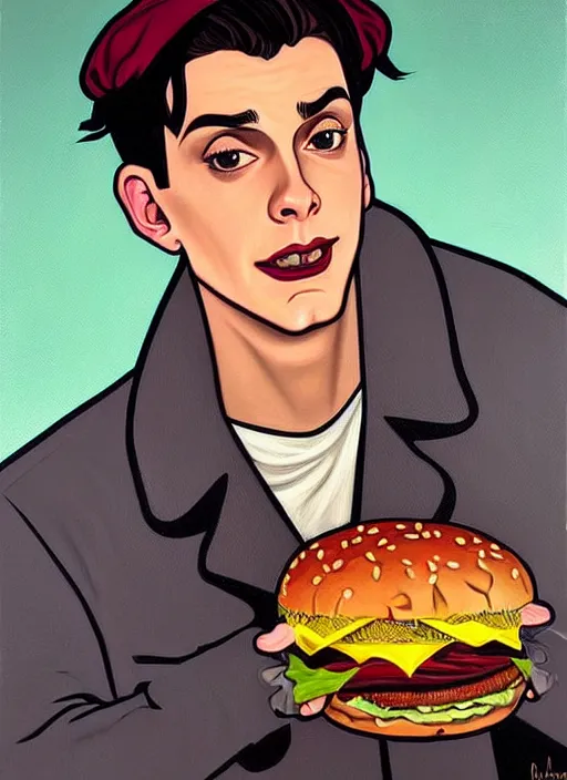 Image similar to oil painting, jughead jones wears a grey crown, and devours a hamburger, intricate, elegant, highly detailed, lighting, painting, artstation, smooth, illustration, art by greg rutowski and alphonse mucha