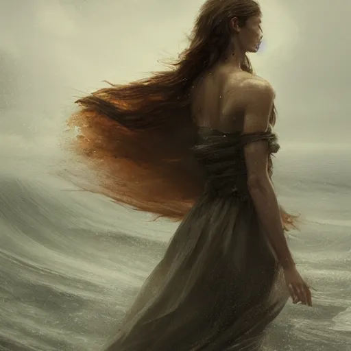 Image similar to concept art, facing the back of a woman standing alone in the middle of a sea storm, wearing a dress, thunderstom, lightning, rain, medieval, dark concept art, painting by wlop, nixeu and greg rutkowski, beautiful, semirealism, artstation, octane render, sharpness, 8 k, golden ratio