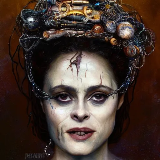 Prompt: expressive oil painting, of helena bonham carter mixed with sigourney weaver, bumpy mottled skin full of blood and scars, ornate headpiece made from crystals, cables and wires, body horror, by yoshitaka amano, by greg rutkowski, by jeremyg lipkinng, by artgerm, digital art, octane render