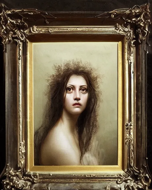 Prompt: a beautiful and eerie baroque painting of a gorgeous woman from hawkshead, with wild hair and haunted eyes, 1 9 7 0 s, woodland, afternoon light, delicate embellishments, painterly