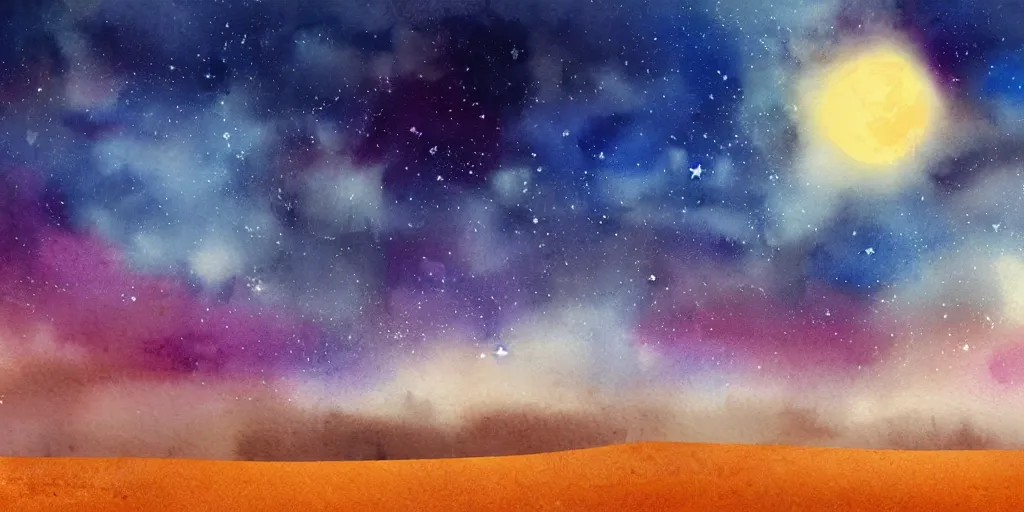 Image similar to desert with sky with stars in watercolor, cinematic, highly detailed wide, atmospheric lighting