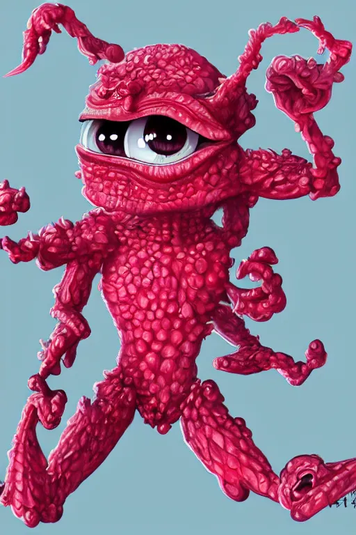 Prompt: a humanoid figure raspberry monster, large eyes and smug smile, highly detailed, digital art, sharp focus, trending on art station, anime art style