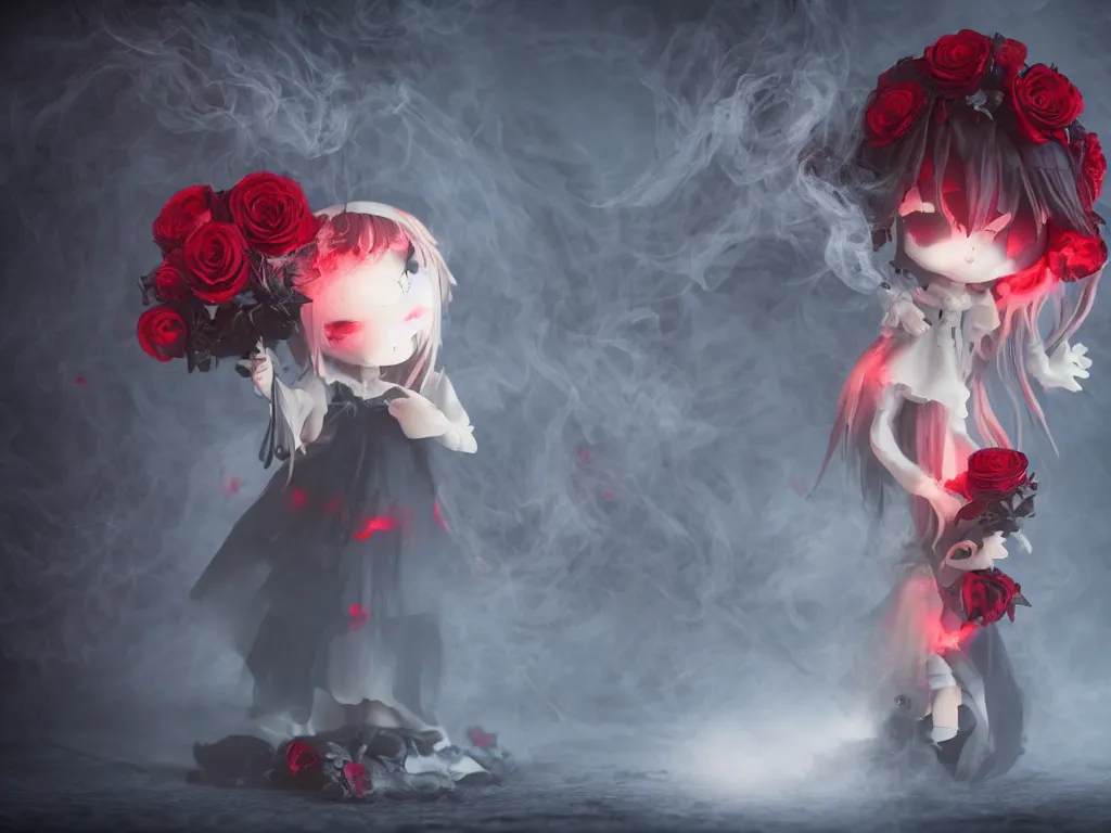 Prompt: cute fumo plush of a gothic maiden girl clutching lots of decayed red roses, swirling vortices of emissive smoke and volumetric fog, vignette, vray