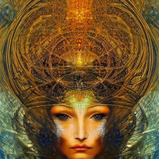 Image similar to Divine Chaos Engine by Karol Bak, Jean Deville, Gustav Klimt, and Vincent Van Gogh, beautiful visionary face portrait, sacred geometry, mystic spirals, otherworldly, fractal structures, ornate gilded medieval icon, third eye