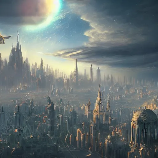 Prompt: baroque utopian cityscape in the sky, sci-fi, dreamlike, surreal, angels, cinematic, 8k, unreal engine, fantasy concept art,