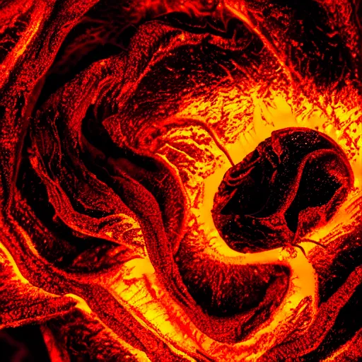 Prompt: award - winning macro of a beautiful black magma rose made of glowing molten lava, inner glow, magma texture