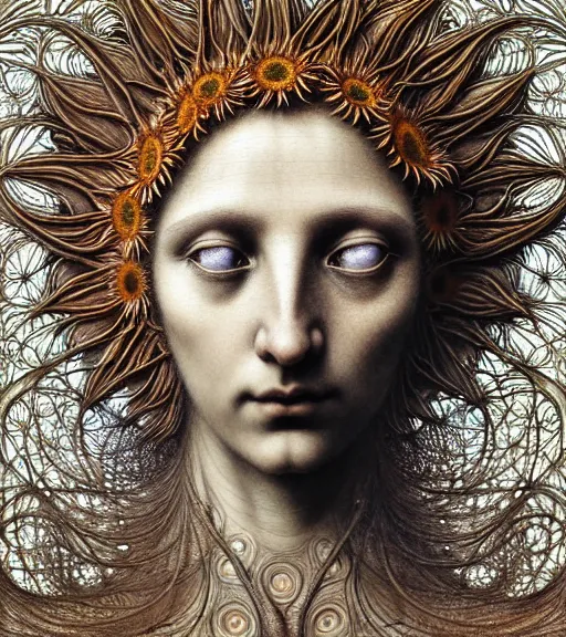 Image similar to detailed realistic beautiful sunflower goddess face portrait by jean delville, gustave dore, iris van herpen and marco mazzoni, art forms of nature by ernst haeckel, art nouveau, symbolist, visionary, gothic, neo - gothic, pre - raphaelite, fractal lace, intricate alien botanicals, ai biodiversity, surreality, hyperdetailed ultrasharp octane render