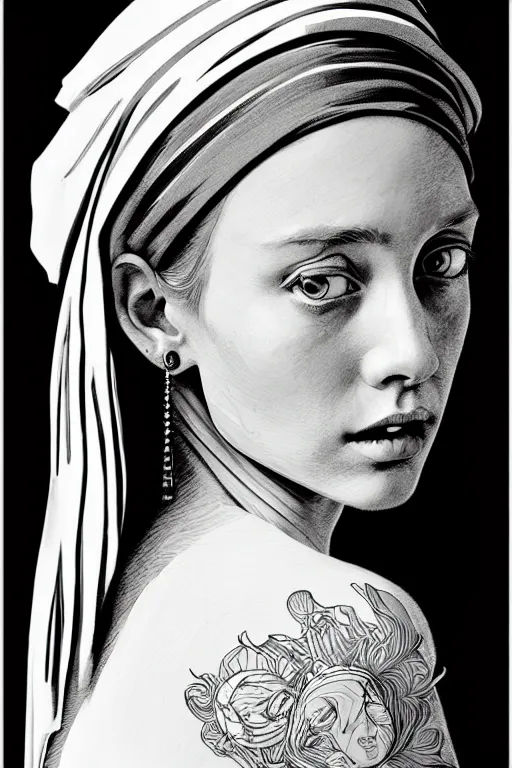 Image similar to beautiful portrait of a woman, negative no not the girl with a pearl earring, highly detailed ink illustration, b & w clean shaped illustration by kim jung gi, ric estrada, ron english and eiichiro oda