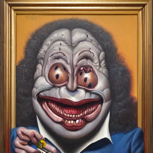 Image similar to Oil painting with black background by Christian Rex Van Minnen Robert Williams Todd Schorr of a portrait of an extremely bizarre disturbing mutated man with acne intense chiaroscuro lighting perfect composition