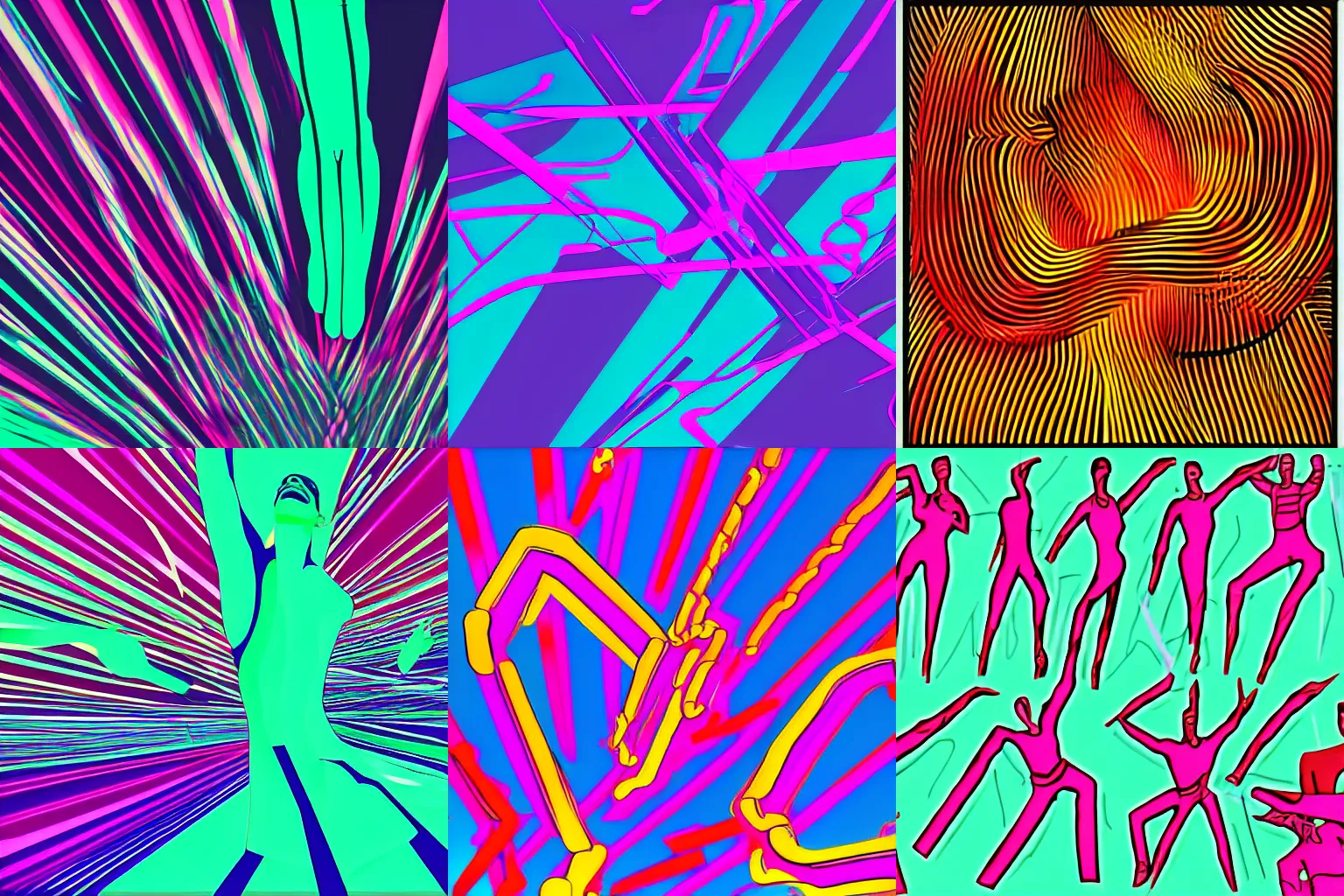 Prompt: synthwave generative art of lines forming the bodies of dancing people in the style of Ad Reinhart