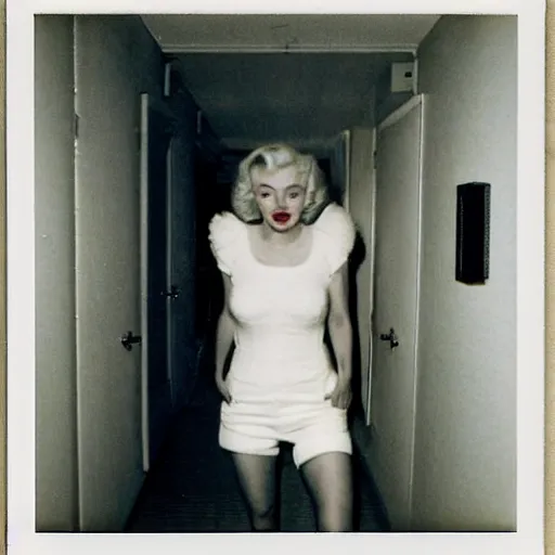 Image similar to A creepy polaroid photo of marilyn monroe chasing you down a hallway