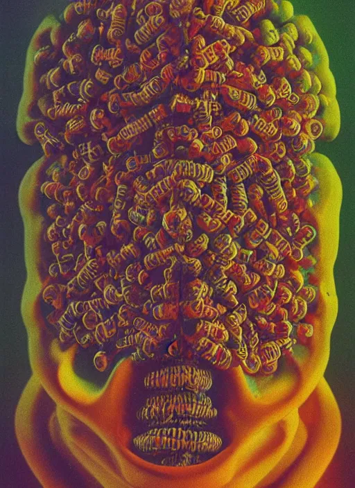 Prompt: vintage cereal commercial for cereal made of brains, colorful chromatic abberation, 9 0 s toy commercial, double exposure photo from the 7 0 s, polaroid photo of all of the world's brain knowledge in one brain, by zdzislaw beksinski, by alex grey