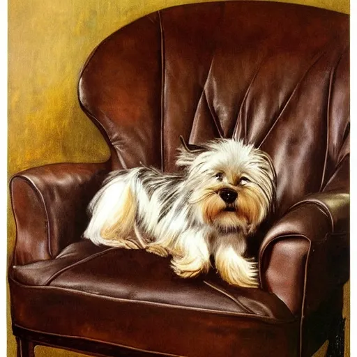 Image similar to an old happy brown and gray Yorkshire terrier dog lounging in a leather chair, long hair, extremely detailed masterpiece, oil on canvas, by Norman Rockwell,