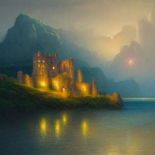 Image similar to an ultra detailed painting of a mysterious lagoon, far away behind it is a cliff with a dark castle on top of it with a few windows lit, twilight, highly detailed, fantasy