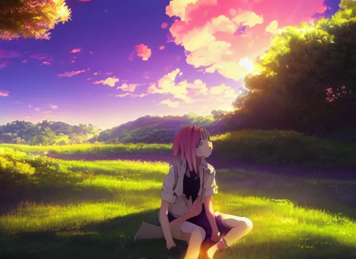 Image similar to illustration of green hills with clouds in the background, golden hour sunset, purple beautiful sky, cute anime girl with platinum blonde hair and big eyes, close to foreground, anime key visual, official media, illustrated by wlop, extremely detailed, 8 k, trending on pixiv, cinematic lighting, beautiful