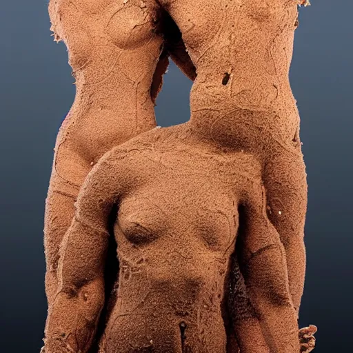 Image similar to dmt bodies. Mesh of human figures intertwined. earthen colors. The medium of this sculpture is human hair. A mess of human hair. Sculpted by August Rodine.