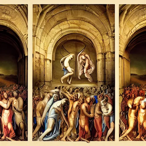 Image similar to heaven vs hell, biblical art style, photorealistic