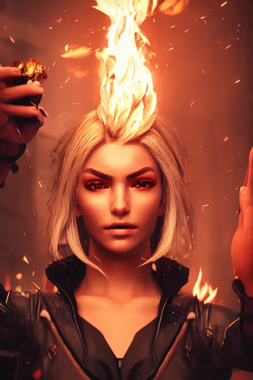 Prompt: gorgeous blonde woman with fire in her hand, cyberpunk, realistic, high definition, many details, symmetrical face, realistic eyes, art of unreal engine 5