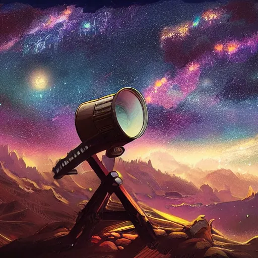 Image similar to modern binocular telescope looking at the galaxy sky, hearthstone coloring style, artwork by greg rutkowski, epic fantasy style art, fantasy epic digital art