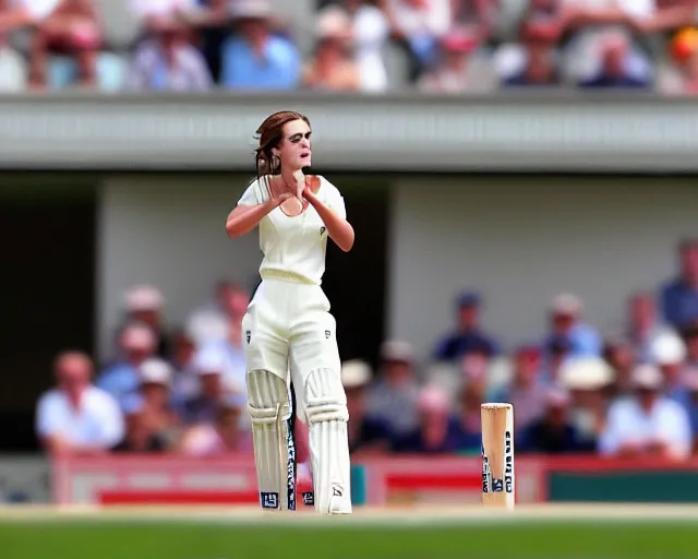 Image similar to emma watson opens the batting for england at lord's cricket ground, photograph, 1 8 0 mm, sports photography, bokeh, dramatic,