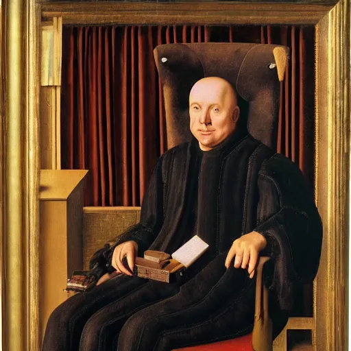 Prompt: a rich business man sitting in a big chair with a smirk, futuristic, by van eyck