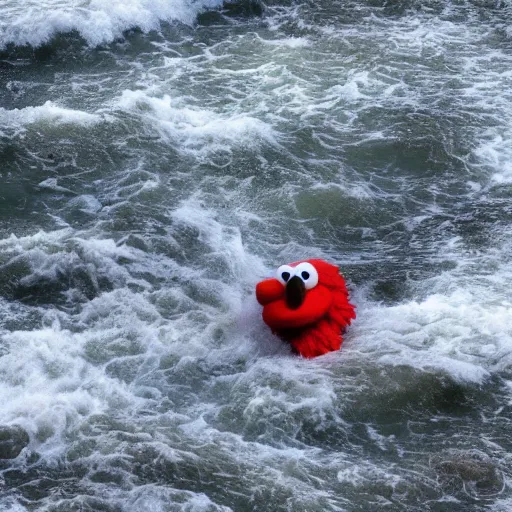 Prompt: cnn news footage of elmo being washed up on shore, view from above, tv