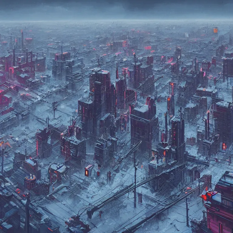 Prompt: cyberpunk depiction of the city of gdansk during arctic conditions by simon stalenhag