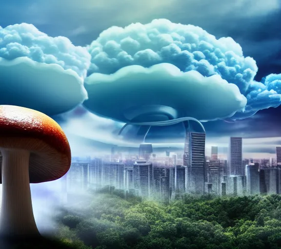 Image similar to a giant mushroom that stretches above the clouds with buildings inside the cap. highly detailed 8 k. intricate. lifelike. soft light. nikon d 8 5 0. cinematic post - processing