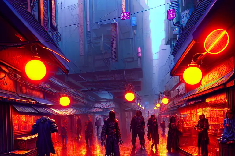 Image similar to a highly detailed bazaar street in the cyberpunk city of new washington, amazing cyberpunk digital painting, by gerald brom, brom digital art, intricate details, ultra realistic, beautiful art, volumetric lighting, ultra realistic, by art germ, warm colors advance cool colors recede, by brom, trending cgsociety, artstation, rim lighting, 8 k