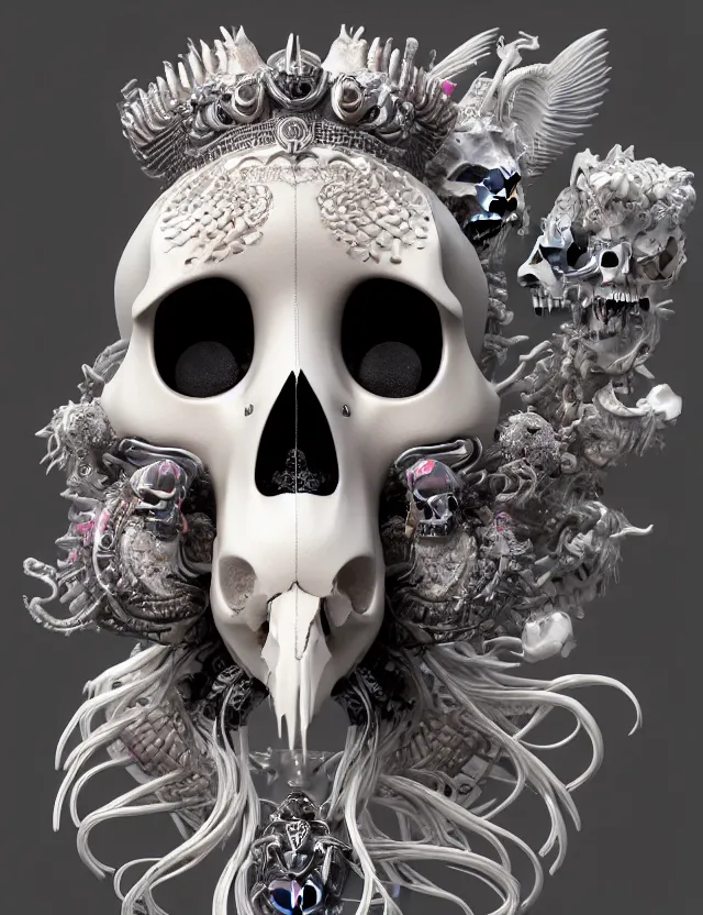 Image similar to 3 d goddess close - up profile skull biohazard portrait with crown, ram skull. beautiful intricately detailed japanese crow kitsune mask and clasical japanese kimono. betta fish, jellyfish phoenix, bio luminescent, plasma, ice, water, wind, creature, artwork by tooth wu and wlop and beeple and greg rutkowski