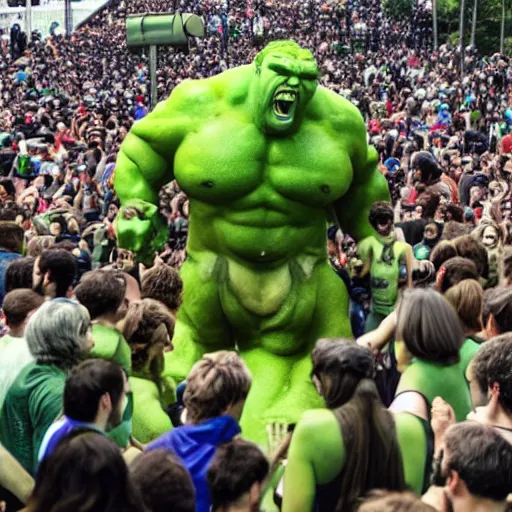 Prompt: photo of the green - giant crushing a crowd of people