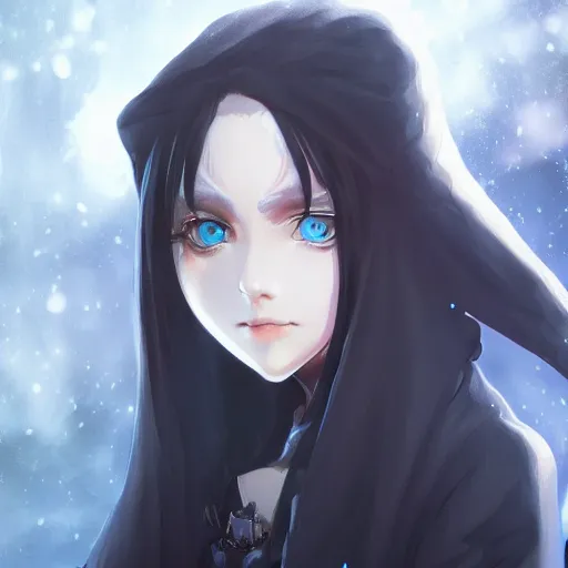 Image similar to beautiful female wizard, detailed face, blue eyes, black clothing, daughter of death, featured on artstation, 8k highly detailed, anime style, concept art